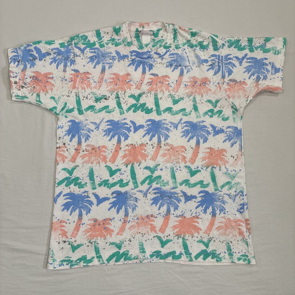Vintage 80s Single Stitch T-Shirt Men's Large All Over Print Palm Trees Beach